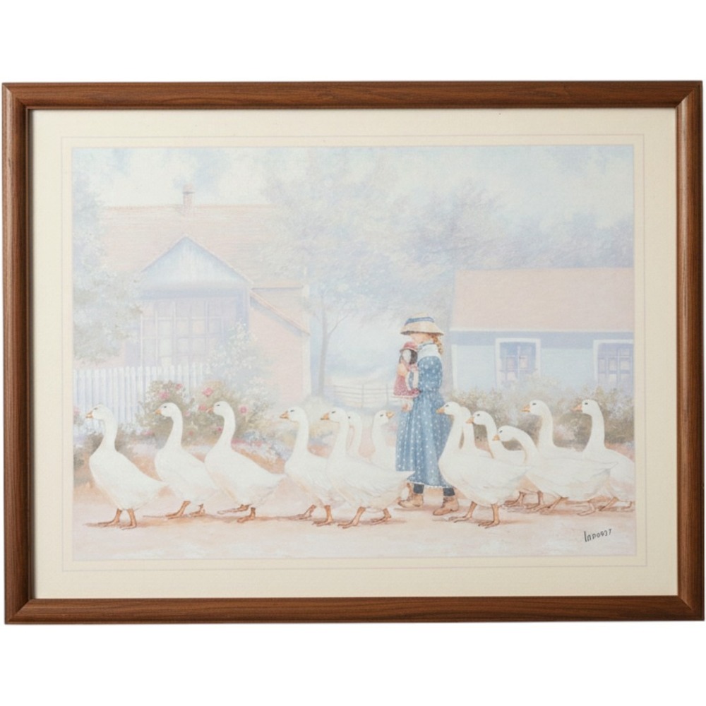 Vintage Laforet Framed Girl Geese Pastoral French Country Cottagecore Goose